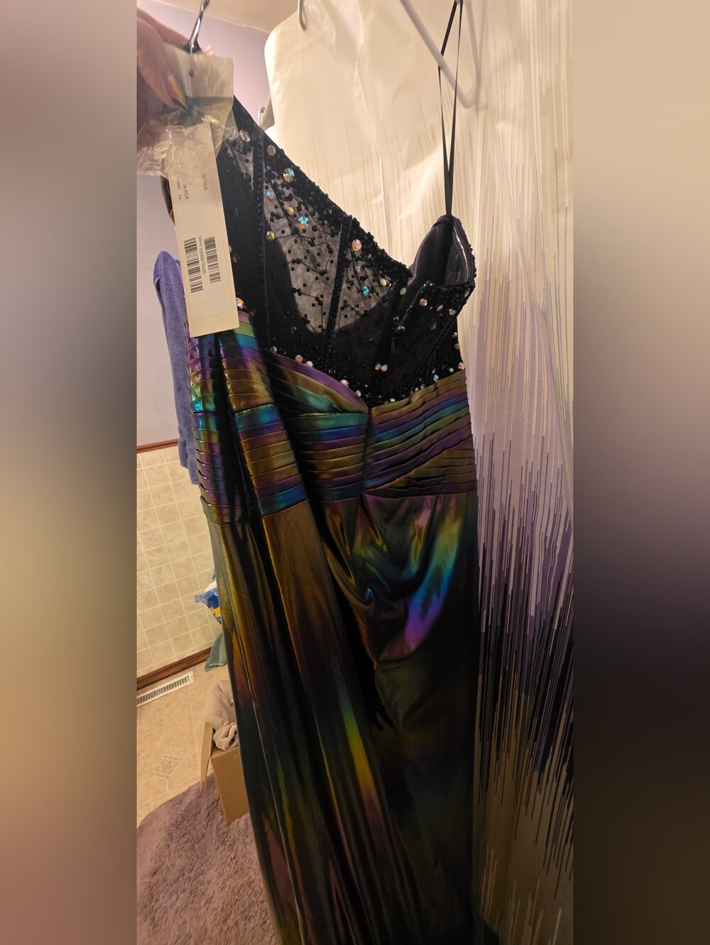 Jovani Iridescent Strapless Evening Gown in Green Blue Purple - Picture 6 of 10